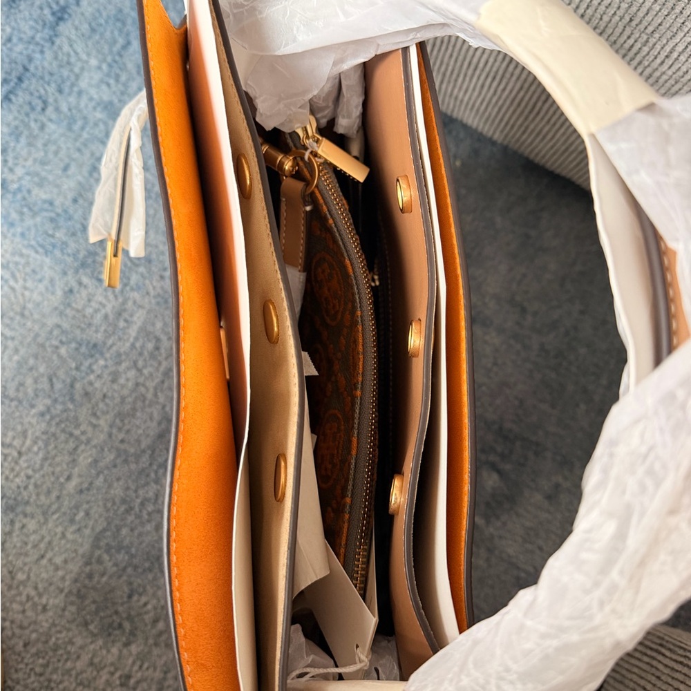 Tory Burch Cream and Tan Structured Satchel with Gold Hardware - Picture 3 of 16